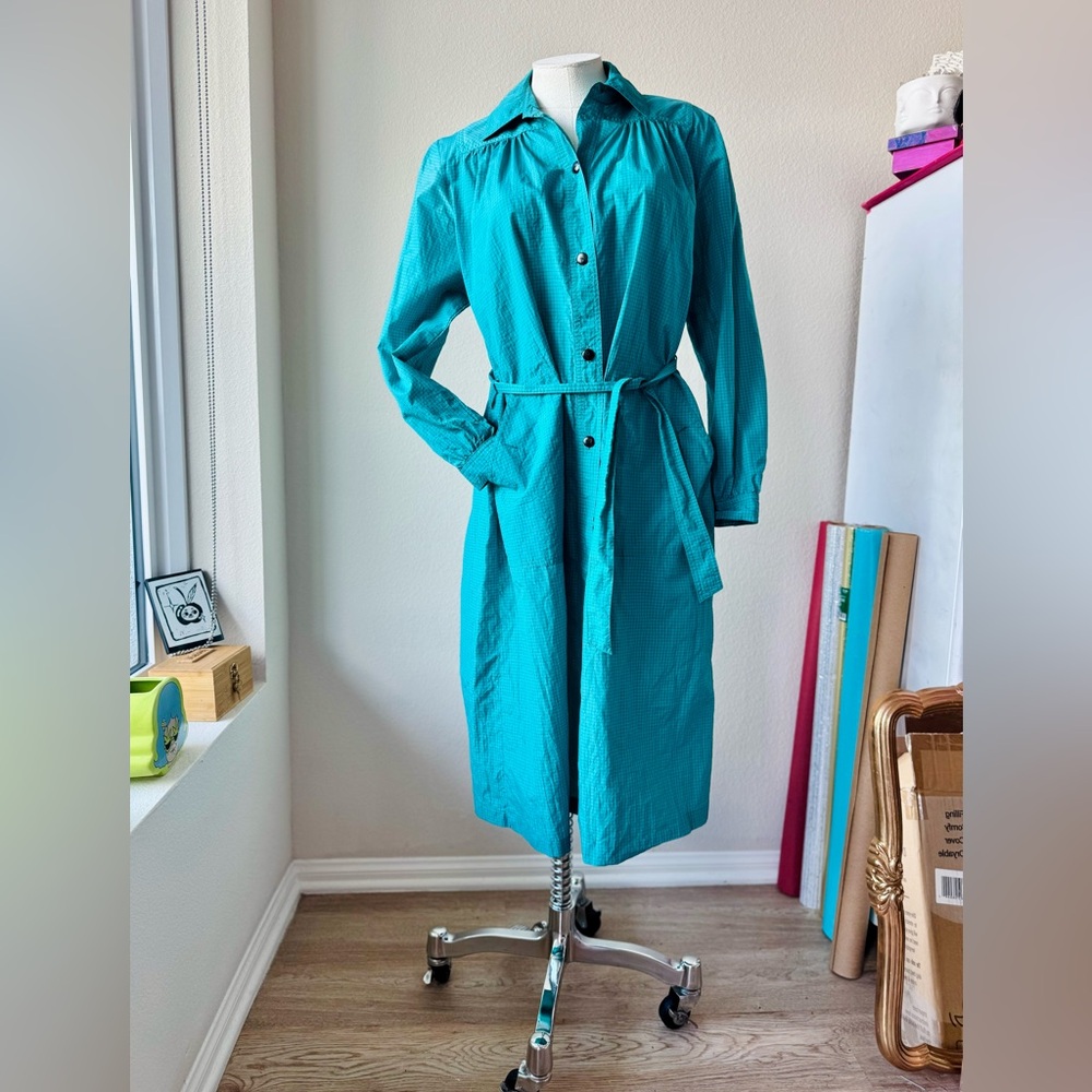 Vintage Teal Long Women's Raincoat - Picture 9 of 12